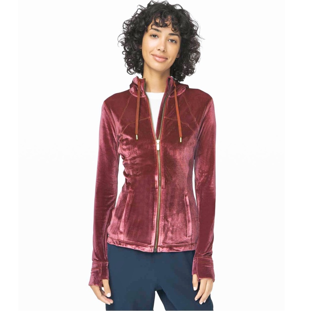 Lululemon Velvet Define Hooded Jacket Garnet Purple Size 14 Gold Zippers W3CKTS